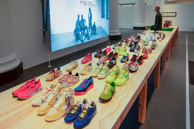 A table covered with colorful sneaker